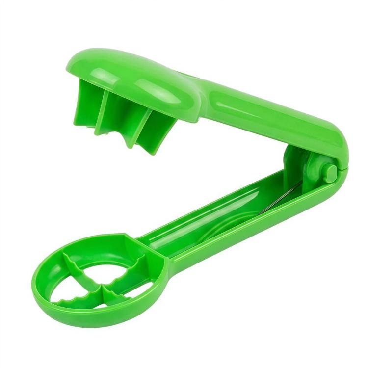 Green fruit slicer tool with clamp-like base and hinged cutting bar