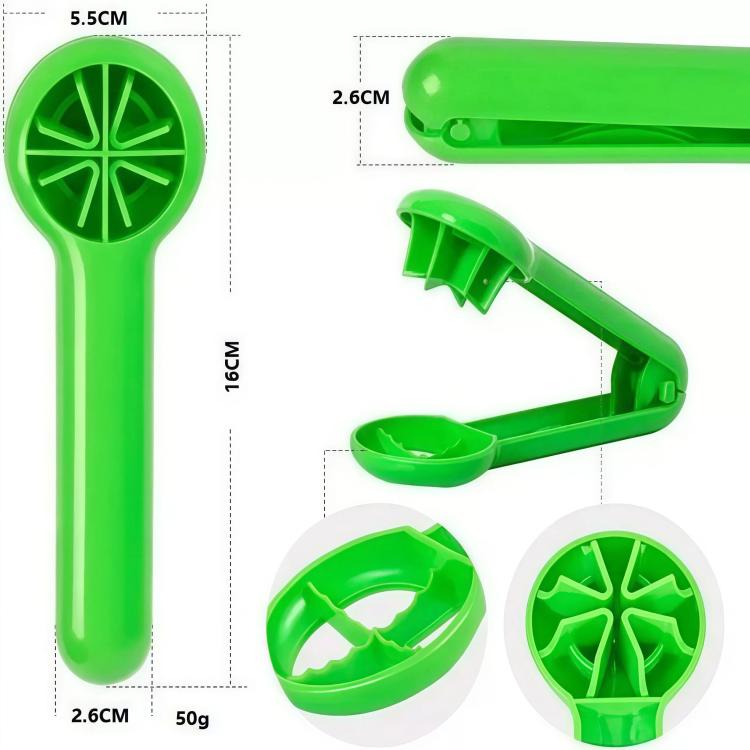 Green fruit slicer with size diagram and cutting wheel detail