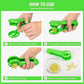 Green fruit slicer shown in hands during use, step-by-step layout