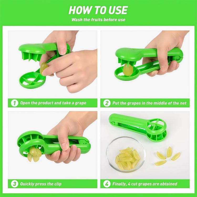 Green fruit slicer shown in hands during use, step-by-step layout