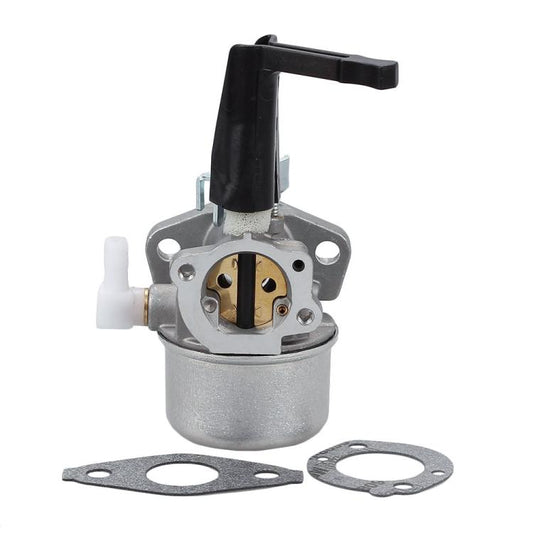 Lawnmower carburetor with metal body, black air intake, and mounting flange gasket