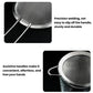 Stainless steel mesh strainer with welded rim and long wire handles, close-up