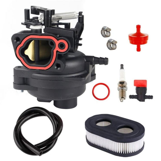 Lawn mower carburetor assembly with black housing, red gasket ring, fuel ports and air filter