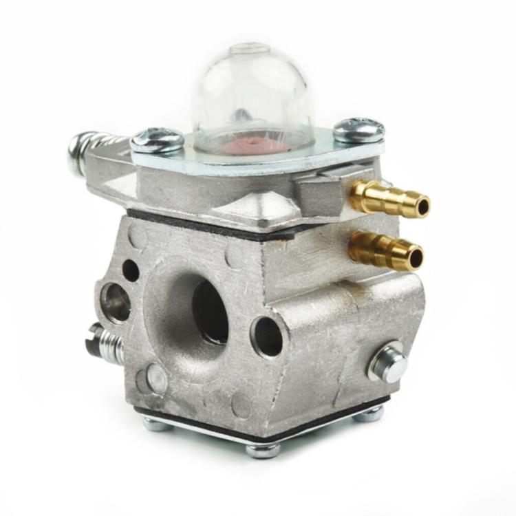 Metal carburetor with clear dome cover and two brass inlet tubes.