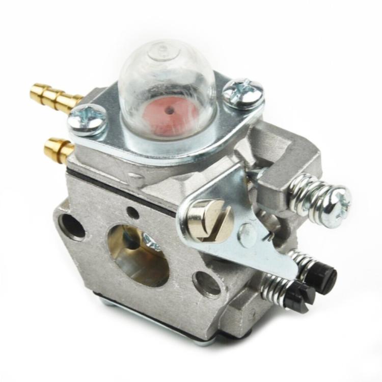 Metal carburetor with clear dome, brass fuel lines, and side adjustment screw.