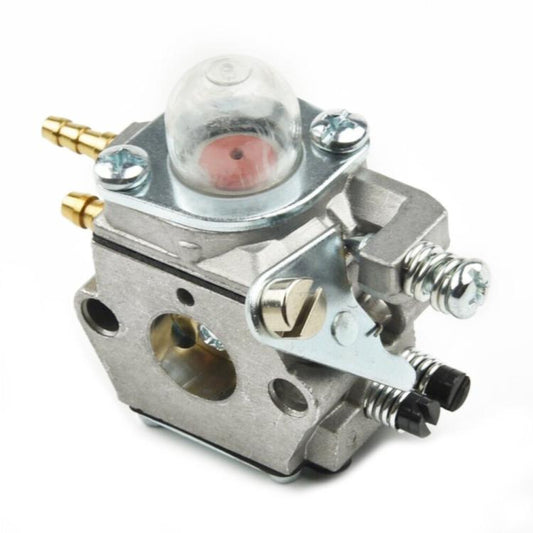 Metal carburetor with clear dome, brass fuel lines, and side adjustment screw.