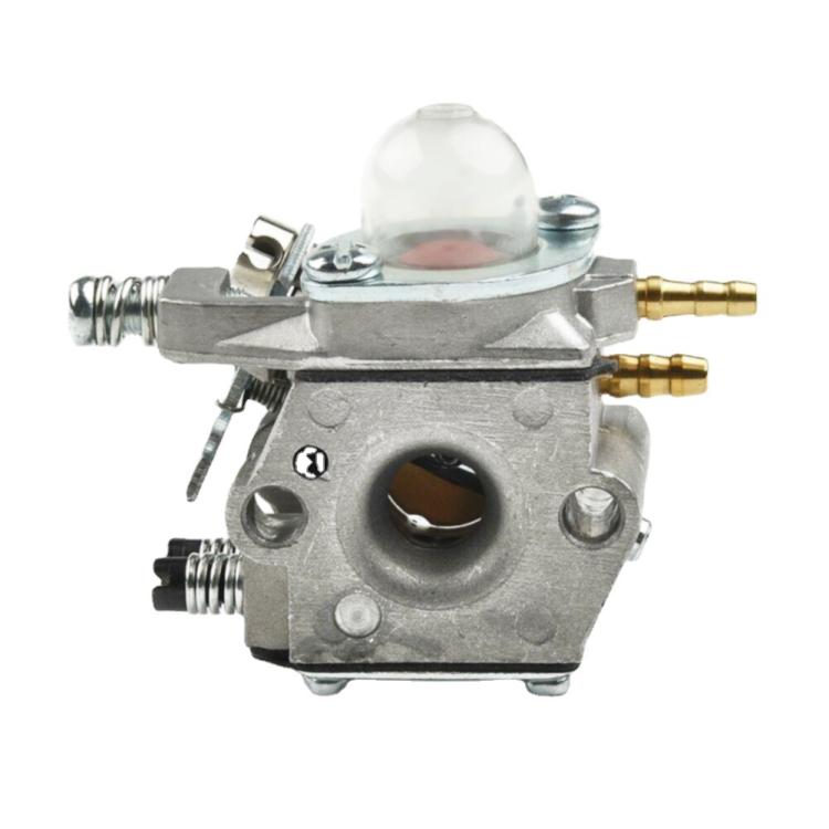 Metal carburetor with clear dome, brass inlet/outlet ports, and spring lever.