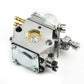 Metal carburetor with brass jets, clear dome, and choke/adjustment linkage.