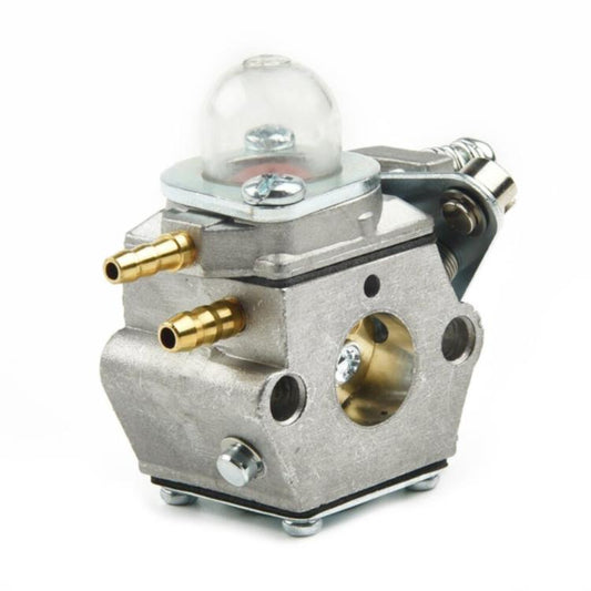 Small metal carburetor with clear air dome, brass ports, and mounting screws.