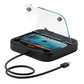 Black car external CD player with lid open and mobile screen shown on player