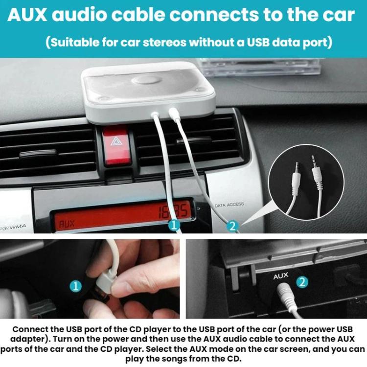 AUX audio cable connection for car stereo with white external CD player