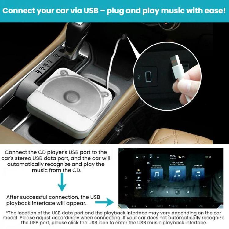 Car USB connection setup with white external CD player and plug-and-play cable