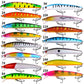 Assorted minnow-style drop-shot lures with treble hooks, shown in color options