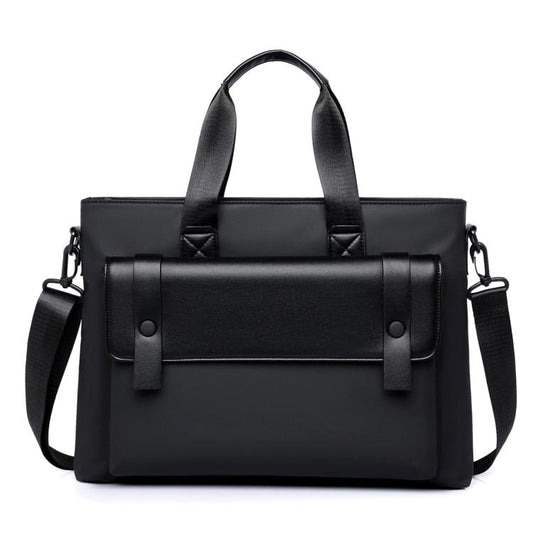 Black waterproof laptop messenger bag with top handle, front flap pocket, and shoulder strap