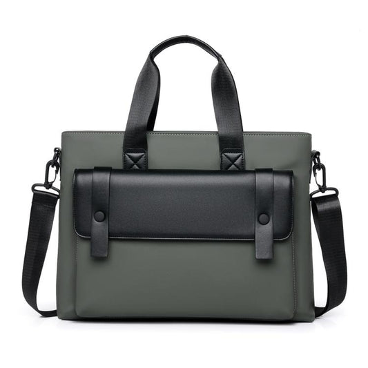 Green waterproof laptop messenger bag with front flap pocket, top handles, and shoulder straps