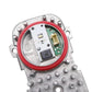 3-pin LED headlight module with red ring, circuit board, and connector