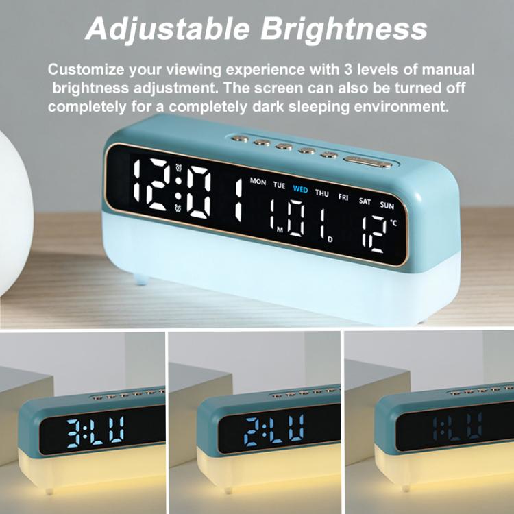 Teal digital alarm clock with LED time display and adjustable brightness night light