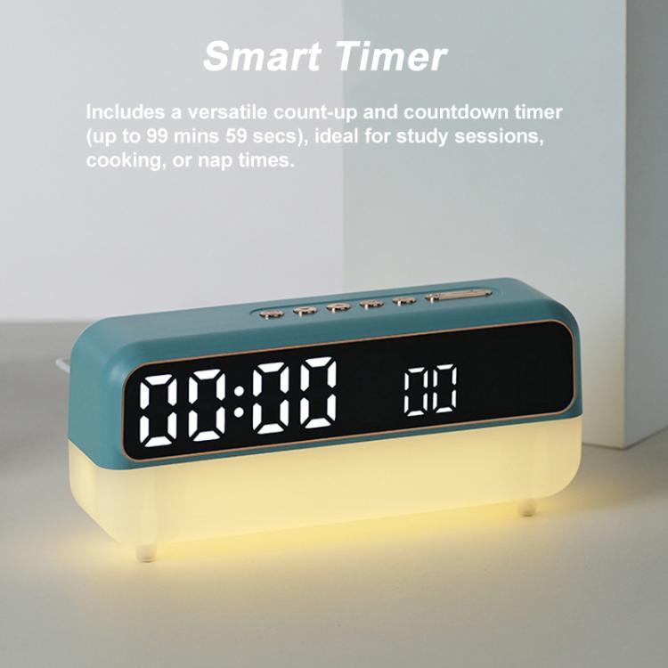 Blue digital alarm clock with LED display and dimmable night light glow