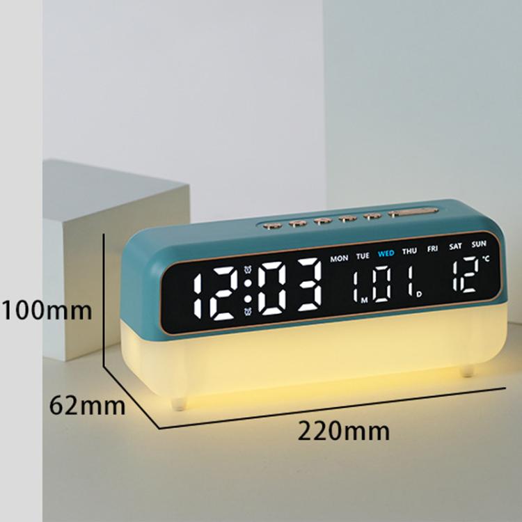 Blue digital alarm clock with LED time, date, temperature, and weekday indicators