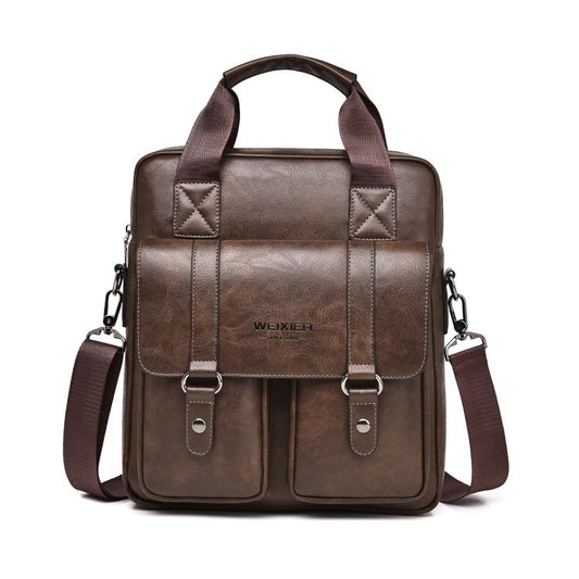 Deep brown vintage-style PU messenger bag with quilted flap, front pockets, top handle and strap