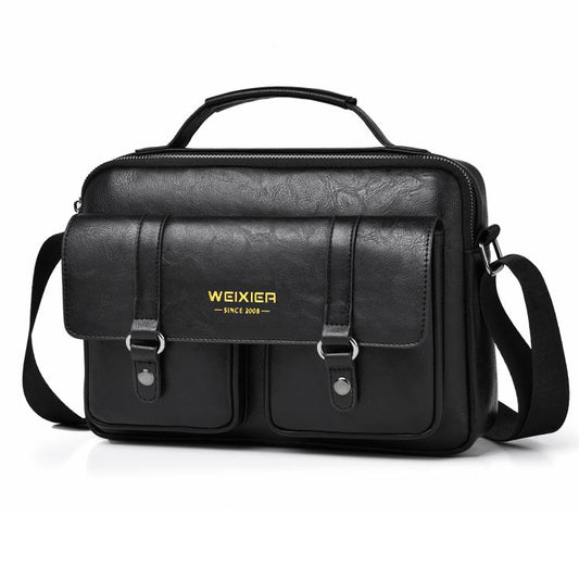 Black men’s horizontal messenger bag with top handle and adjustable shoulder strap