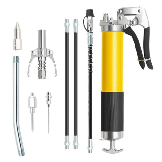 Portable lubricant filler tool with yellow cylinder and assorted coupling nozzles and hoses