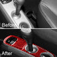 Center console gearshift trim with red carbon-fiber Type C stickers shown vs before