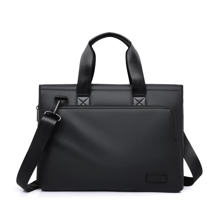 Black expandable men’s laptop briefcase with top handle and crossbody strap