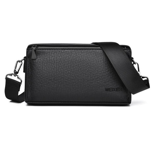 Black zippered crossbody messenger bag with textured finish and adjustable strap