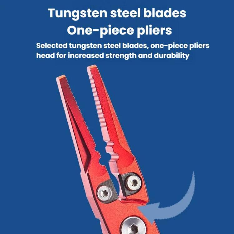 Red one-piece fishing pliers with serrated jaws and metal cutting area