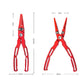 Red fishing lure pliers showing length and width size markings
