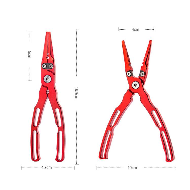Red fishing lure pliers showing length and width size markings