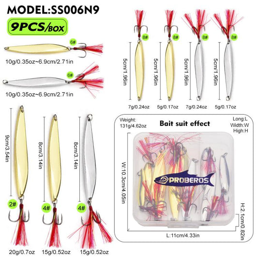 Willow leaf fishing lure set, gold and silver spoons with red tinsel and treble hooks