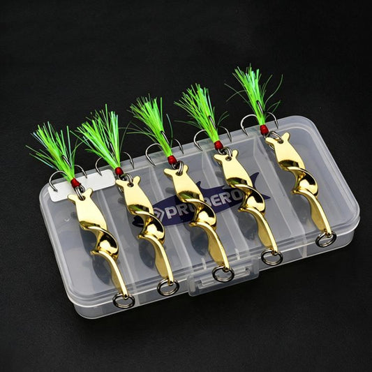 Metal spinner fishing lures set with gold spoons, green feather tails, in clear box