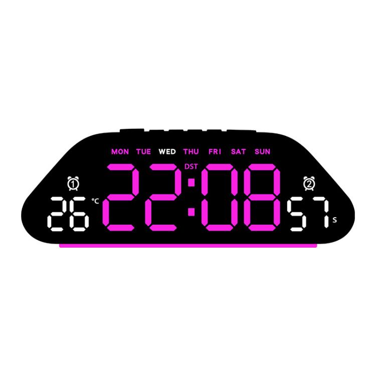 Black digital alarm clock with pink LED time and day indicators