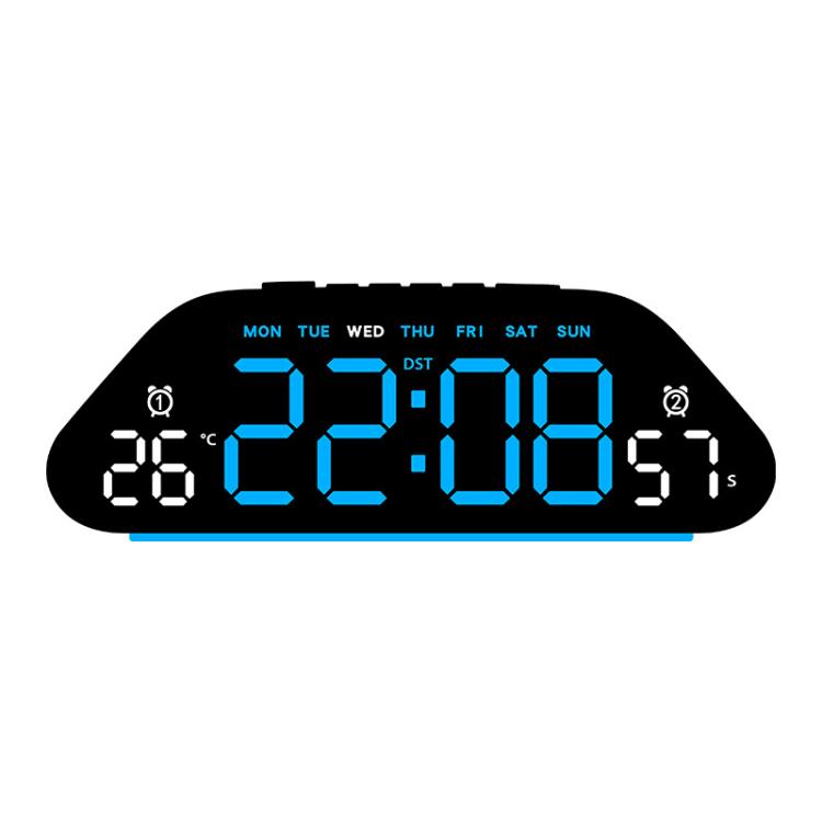 Black digital alarm clock with blue LED time and day indicators