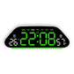 Black digital alarm clock with bright green LED time and day indicators