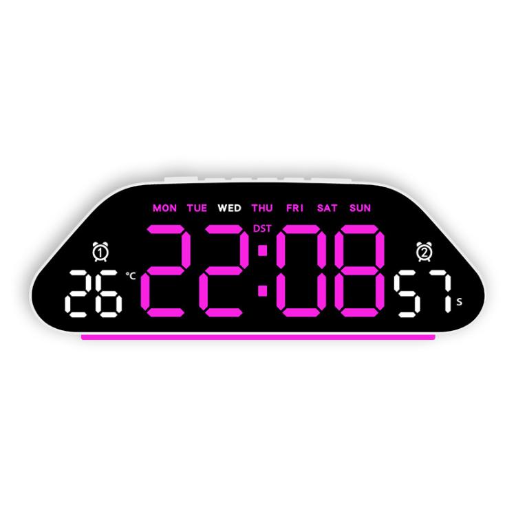 Black digital alarm clock with bright pink LED time and day indicators