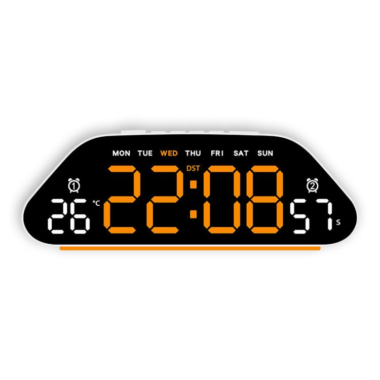Black digital alarm clock with bright orange LED time and day indicators