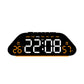 Black digital alarm clock with large orange LED time and weekday display