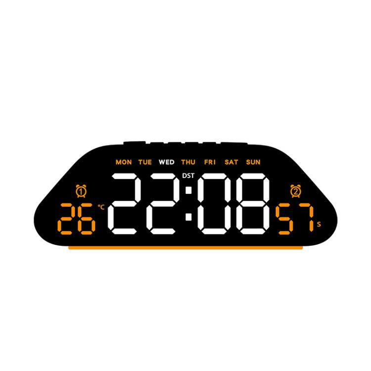 Black digital alarm clock with large orange LED time and weekday display