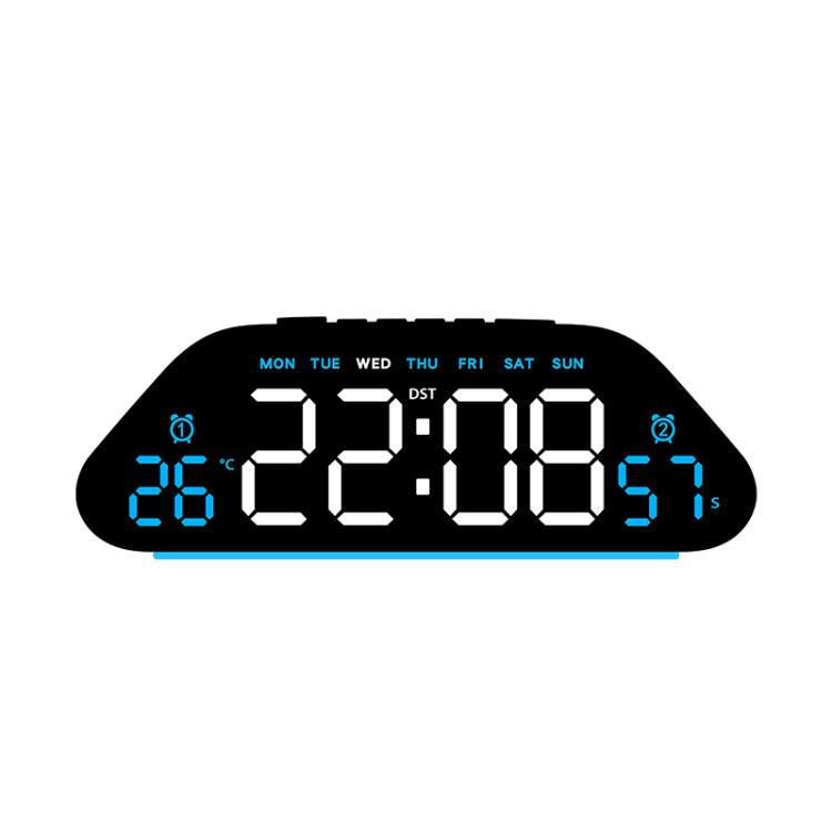 Black digital alarm clock with large blue LED time and weekday display