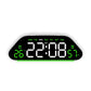 Black digital alarm clock with large green LED time and weekday display