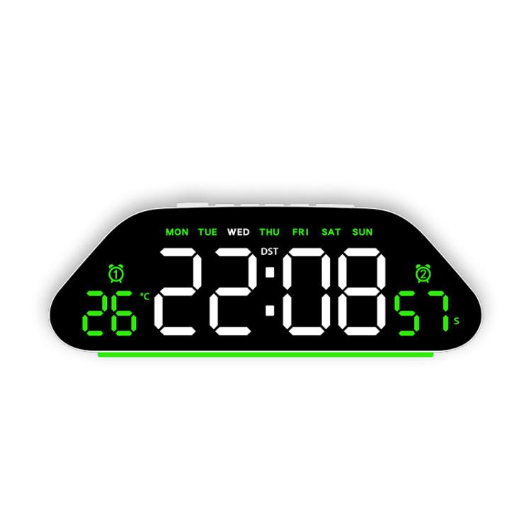 Black digital alarm clock with large green LED time and weekday display