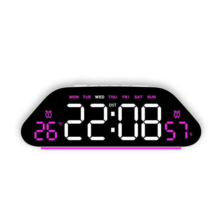 Black digital alarm clock with large pink LED time and weekday display