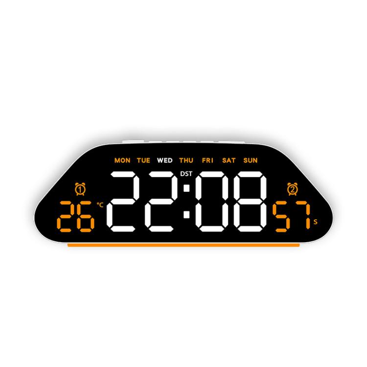Black digital alarm clock with large orange LED time and weekday display