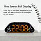 Black digital alarm clock with large orange LED time, weekday, temperature, and DST