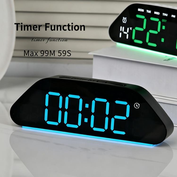 Digital alarm clock with large LED display, black case and blue digits