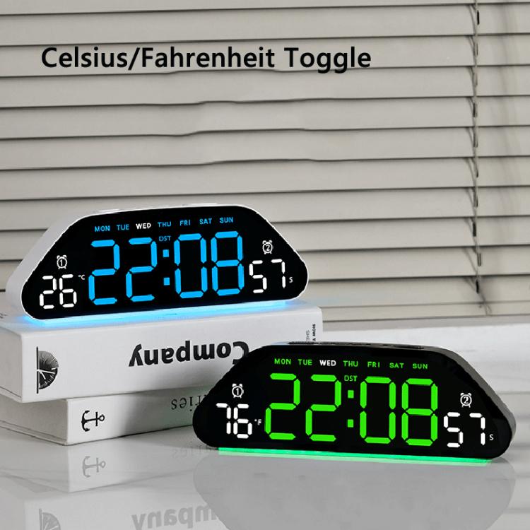 Digital alarm clock with large LED display, blue digits on black shell