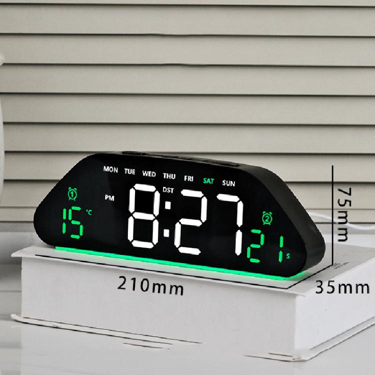 Digital alarm clock with large LED display, black case and green time digits